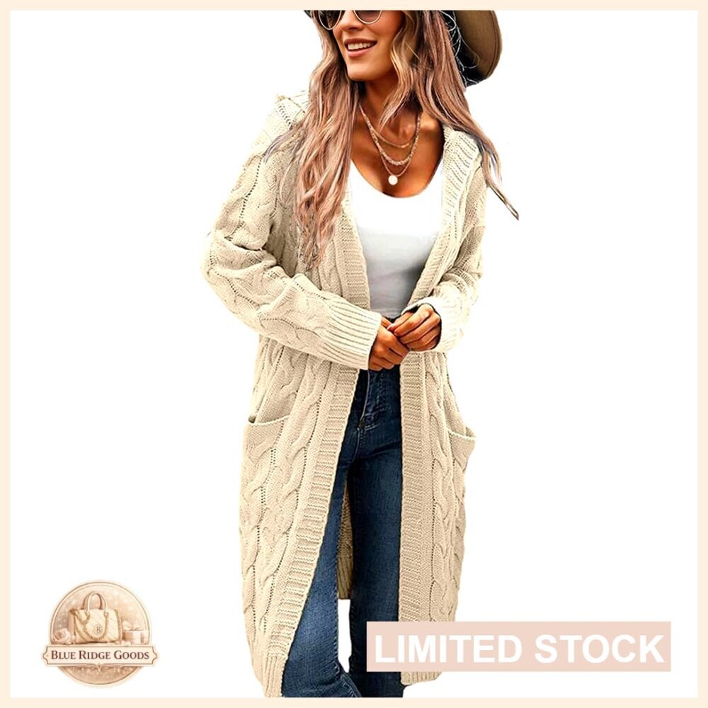 Hooded Open Front Long Cardigan Cable Knit Sweater with Side Pockets